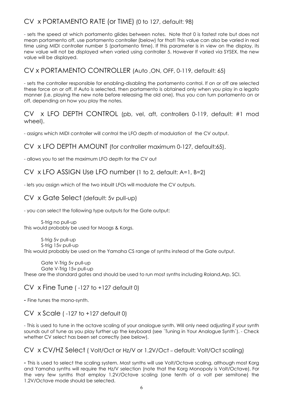 Cv x portamento rate (or time), Cv x portamento controller, Cv x lfo depth control | Cv x lfo depth amount, Cv x lfo assign use lfo number, Cv x gate select, Cv x fine tune, Cv x scale, Cv x cv/hz select | Kenton Pro-2000 MkII User Manual | Page 7 / 21