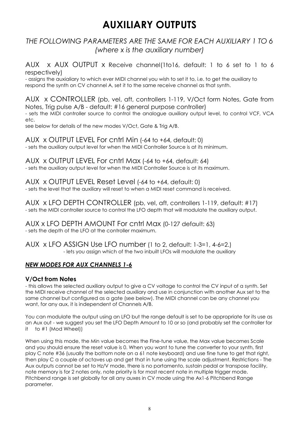 Auxiliary outputs, Aux x aux output x, Aux x controller | Aux x output level for cntrl min, Aux x output level for cntrl max, Aux x output level reset level, Aux x lfo depth controller, Aux x lfo depth amount for cntrl max, Aux x lfo assign use lfo number | Kenton Pro-2000 MkII User Manual | Page 9 / 21