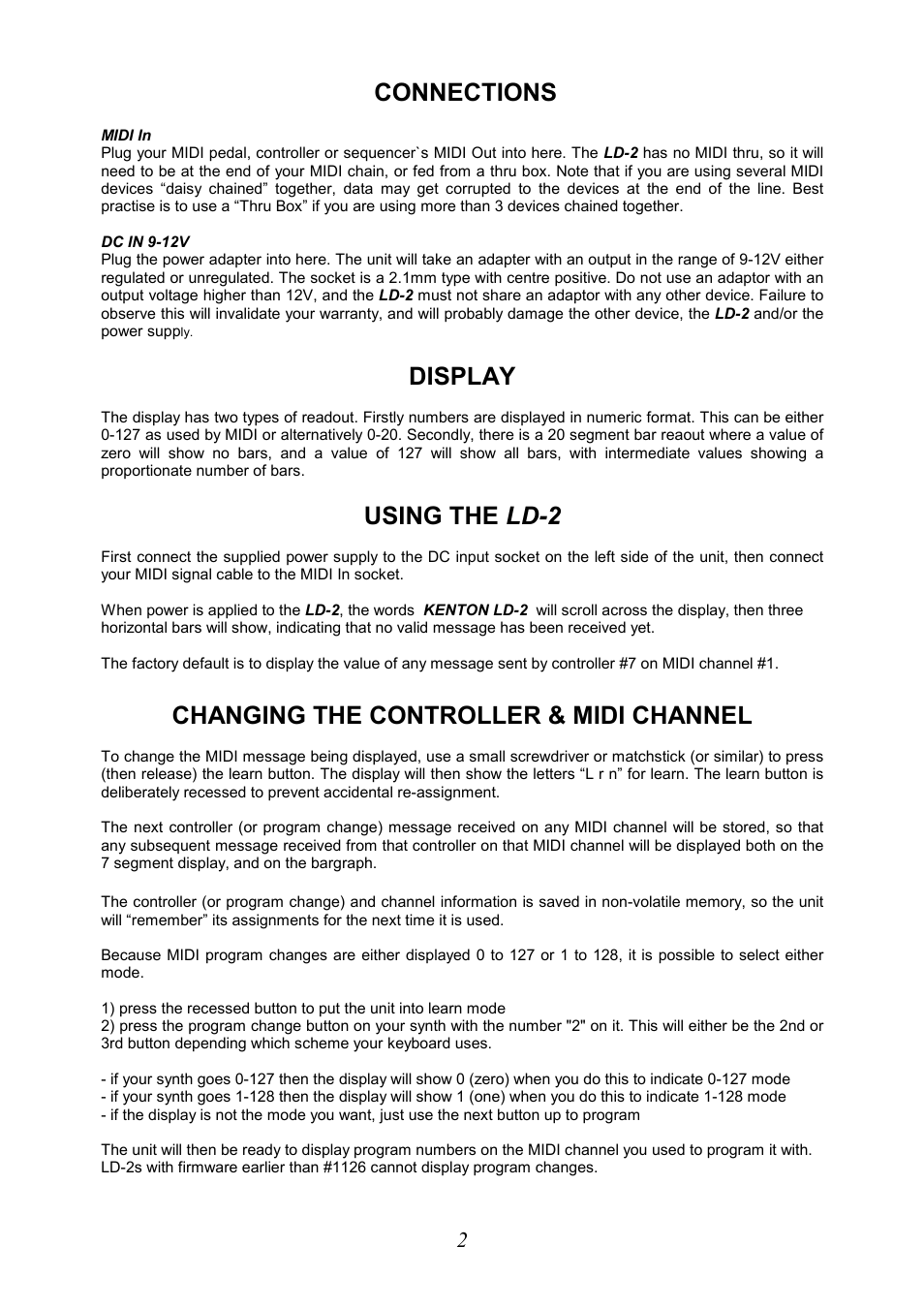 Connections, Display, Using the ld-2 | Changing the controller & midi channel | Kenton LD2Pro User Manual | Page 2 / 4