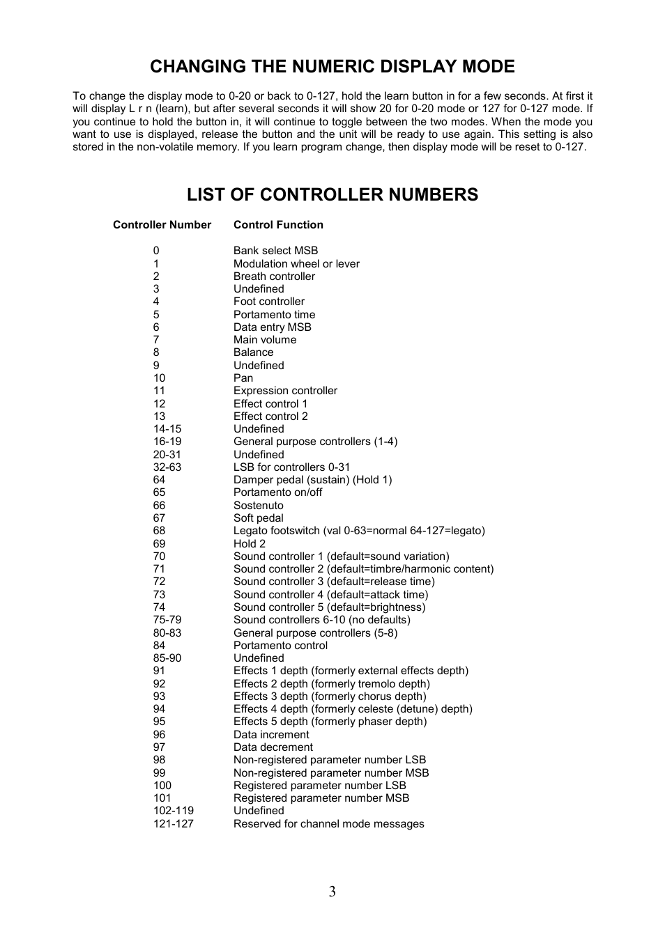 Changing the numeric display mode, List of controller numbers | Kenton LD2Pro User Manual | Page 3 / 4