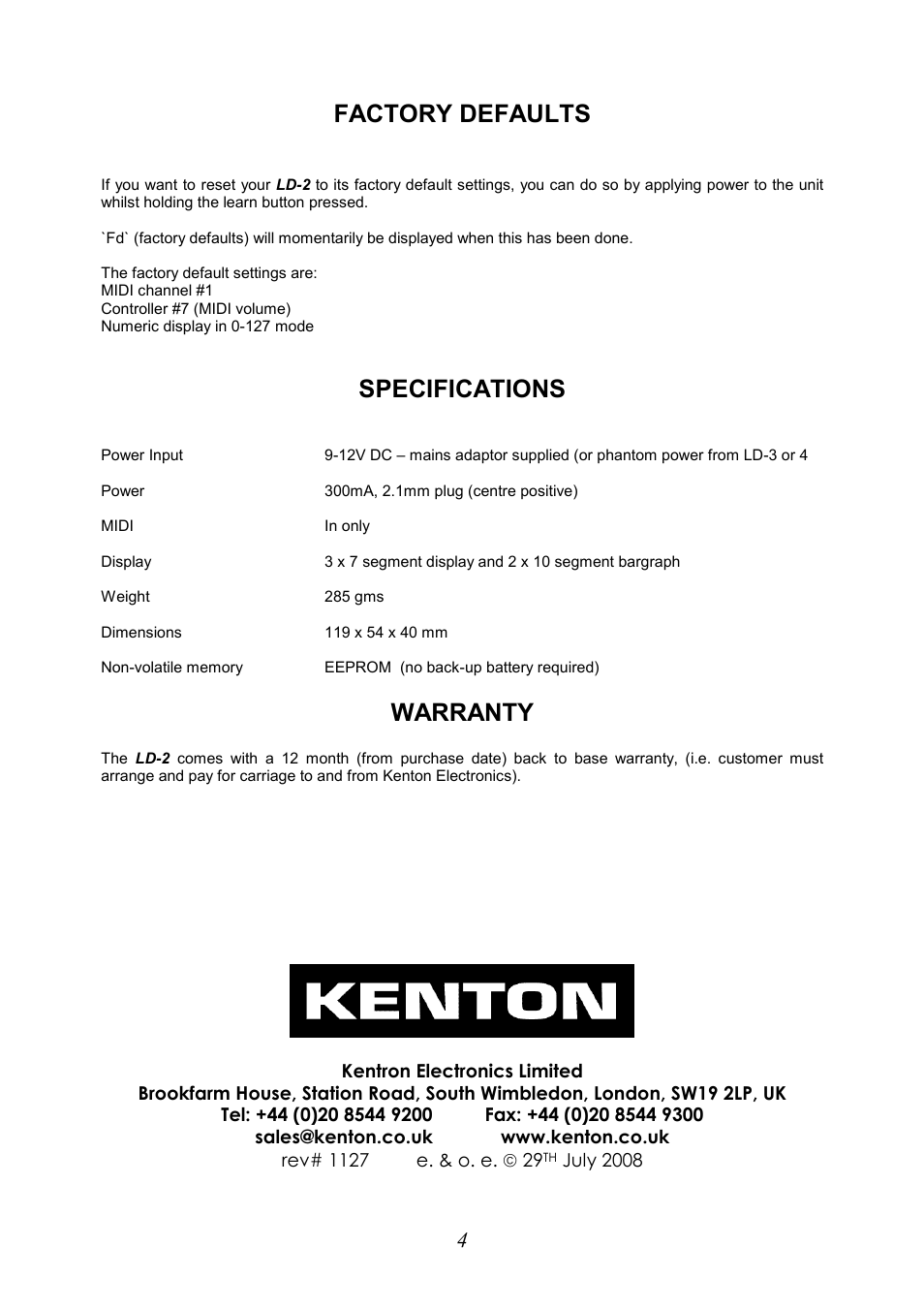 Factory defaults, Specifications, Warranty | Kenton LD2Pro User Manual | Page 4 / 4