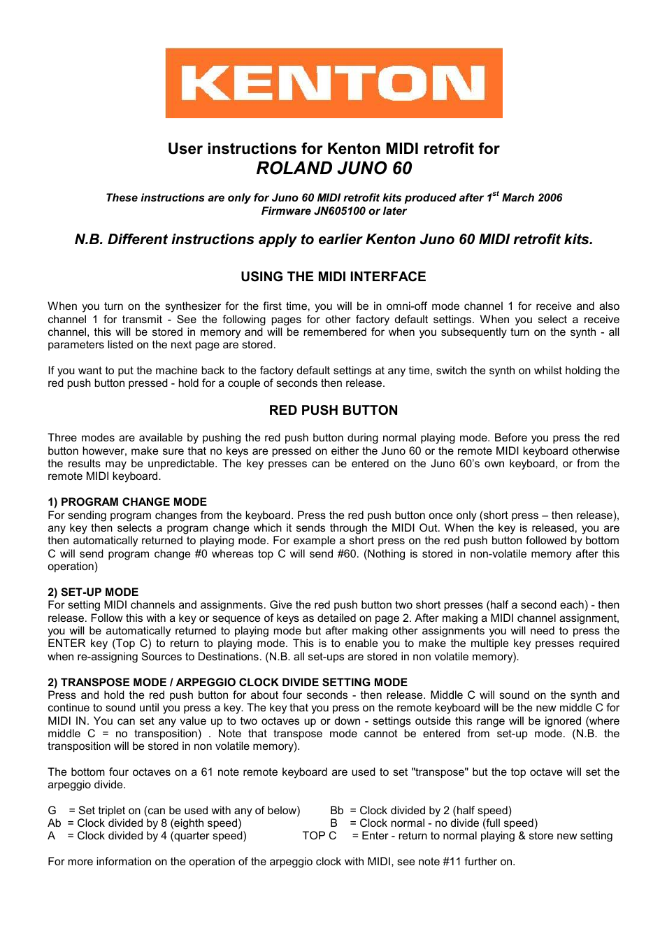Kenton Roland Juno 60 User Manual | 4 pages