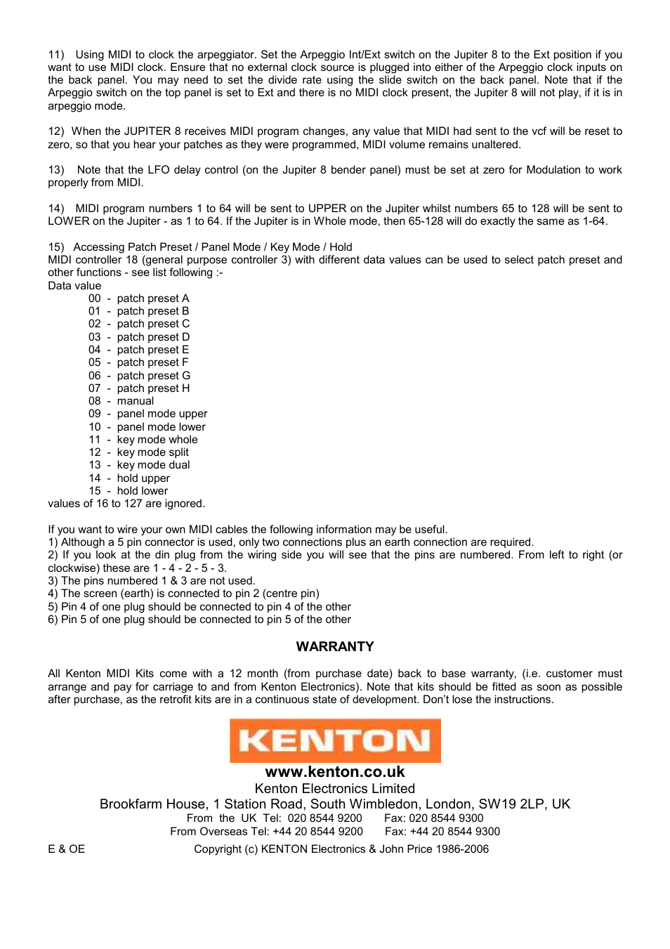 Warranty | Kenton Jupiter 8 (from August 06) User Manual | Page 4 / 4