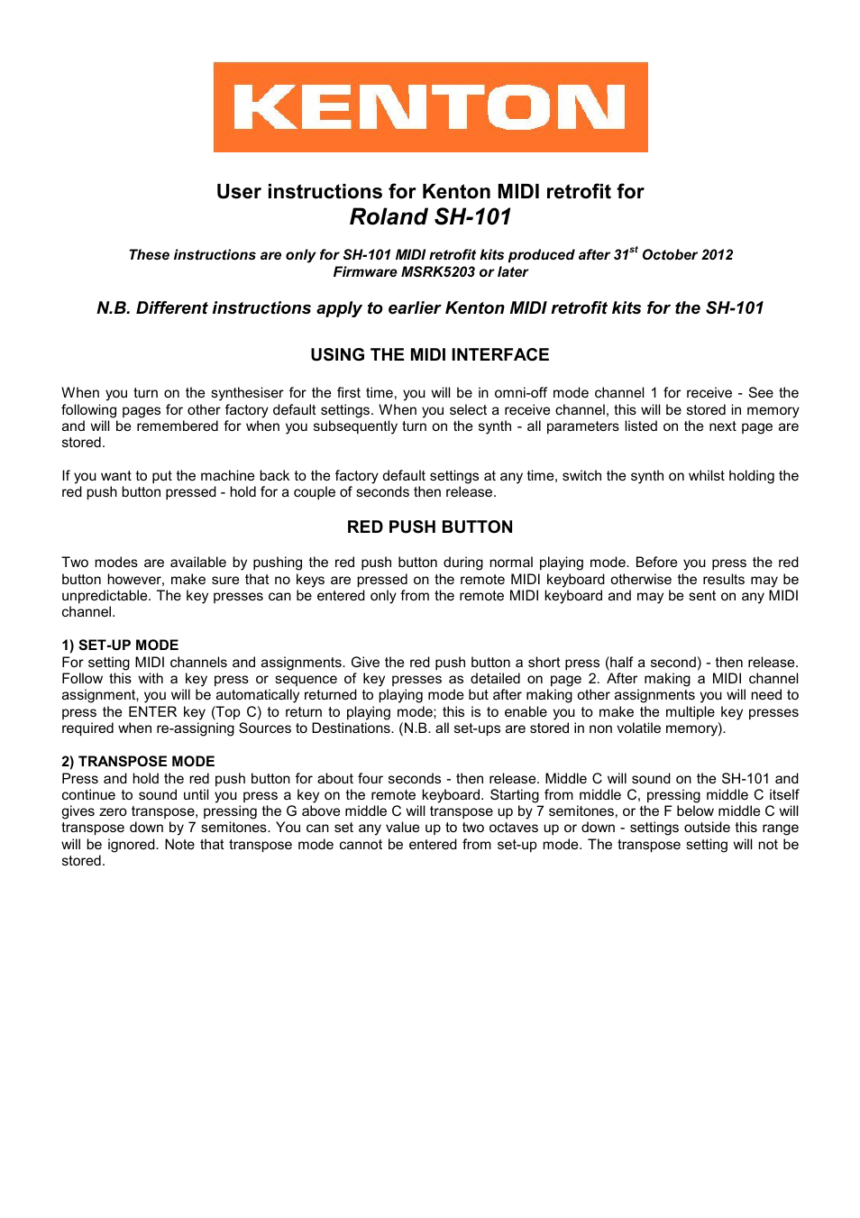 Kenton SH-101 User Manual | 4 pages