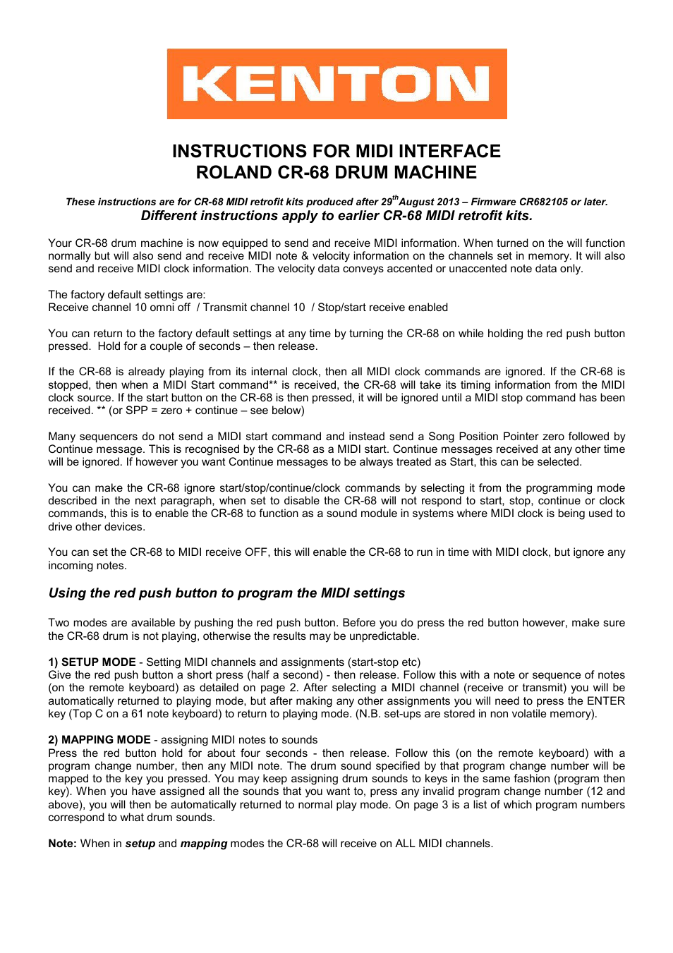 Kenton CR-68 User Manual | 4 pages