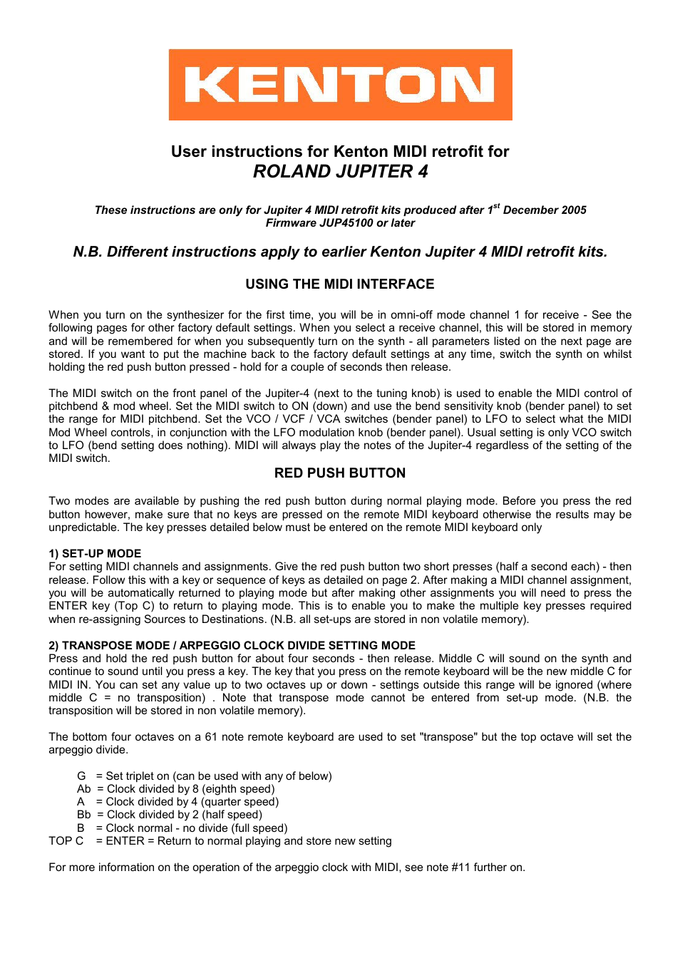 Kenton Jupiter-4 User Manual | 4 pages