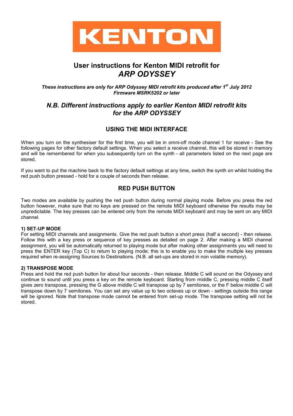 Kenton ARP Odyssey User Manual | 4 pages