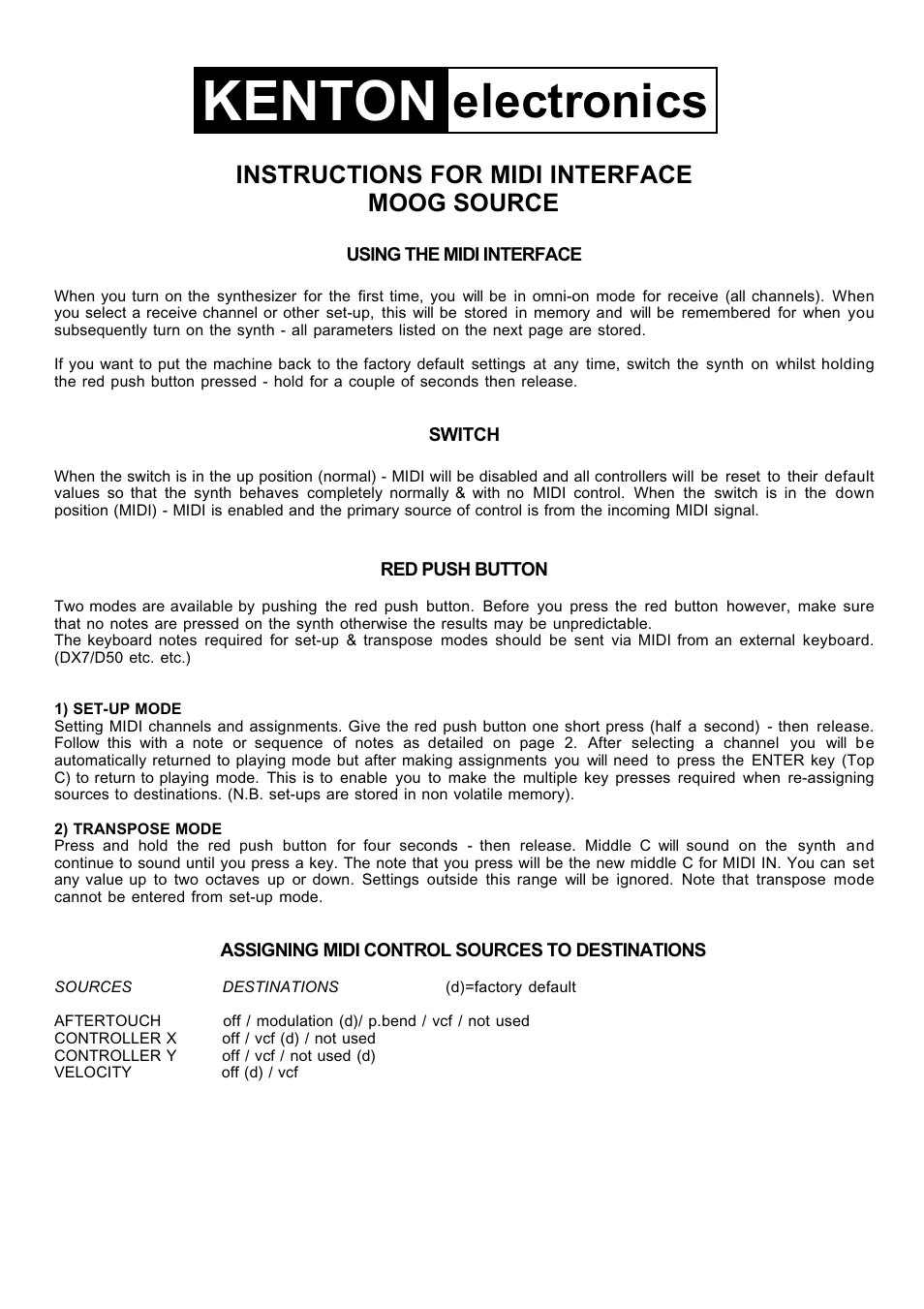 Kenton Moog Source User Manual | 4 pages