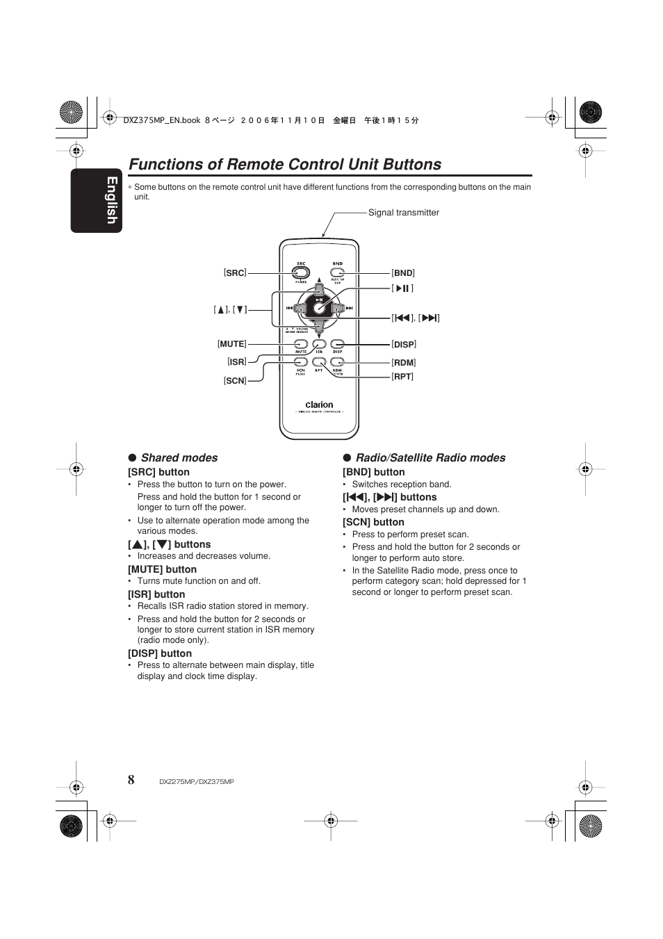 Functions of remote control unit buttons, English 8 | Clarion DXZ275MP User Manual | Page 10 / 33