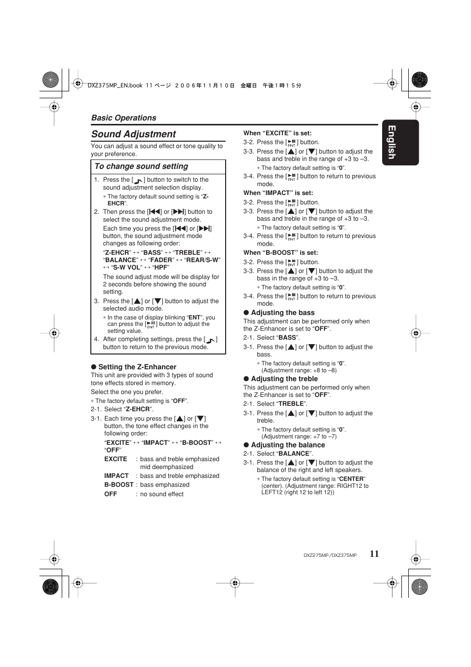 Sound adjustment, English 11, Basic operations | Clarion DXZ275MP User Manual | Page 13 / 33