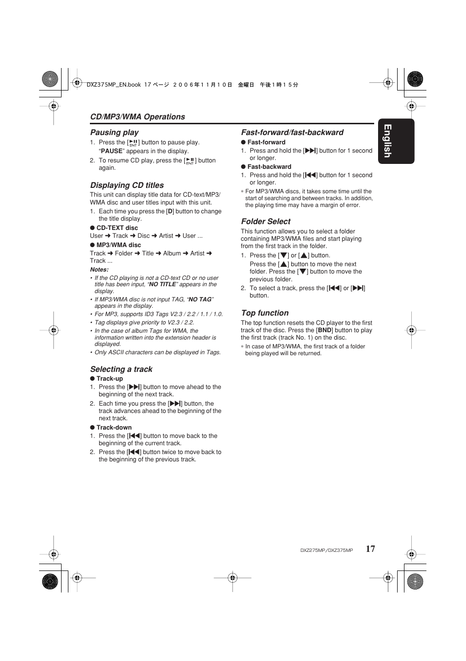 English 17, Cd/mp3/wma operations, Pausing play | Displaying cd titles, Selecting a track, Fast-forward/fast-backward, Folder select, Top function | Clarion DXZ275MP User Manual | Page 19 / 33