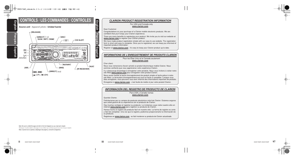 Controls, Clarion product registration information, Controls / les commandes / controles | Français español english english français ii, Español | Clarion DXZ275MP User Manual | Page 2 / 33