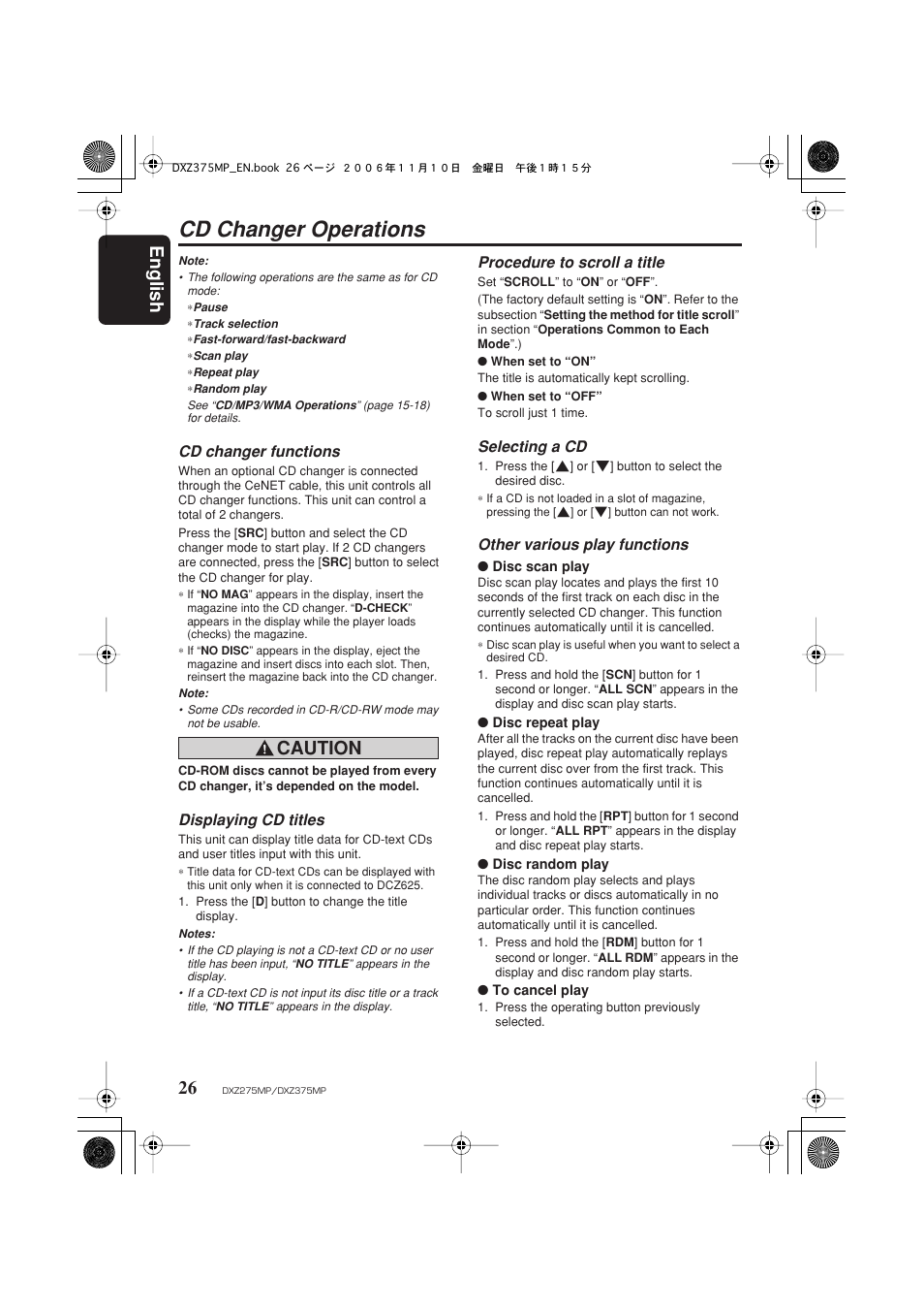 Cd changer operations, English 26, Caution | Clarion DXZ275MP User Manual | Page 28 / 33