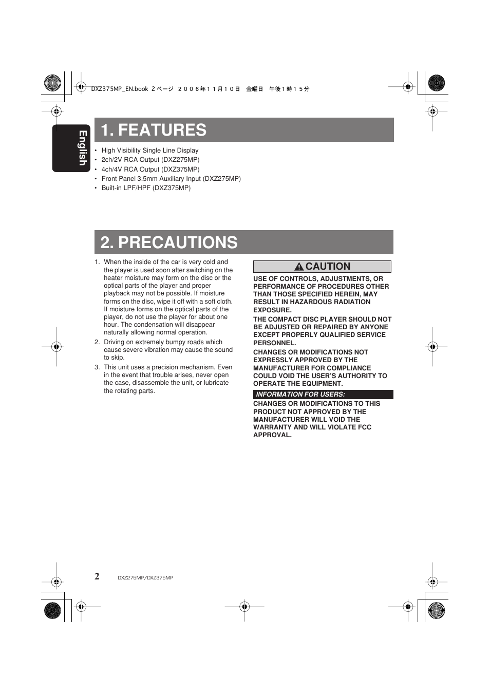 Features, Precautions, English 2 | Caution | Clarion DXZ275MP User Manual | Page 4 / 33