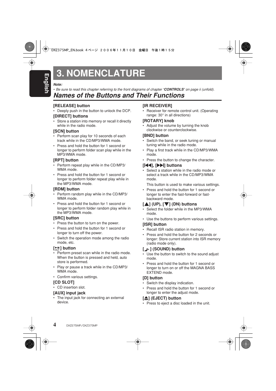 Nomenclature, Names of the buttons and their functions, English 4 | Clarion DXZ275MP User Manual | Page 6 / 33