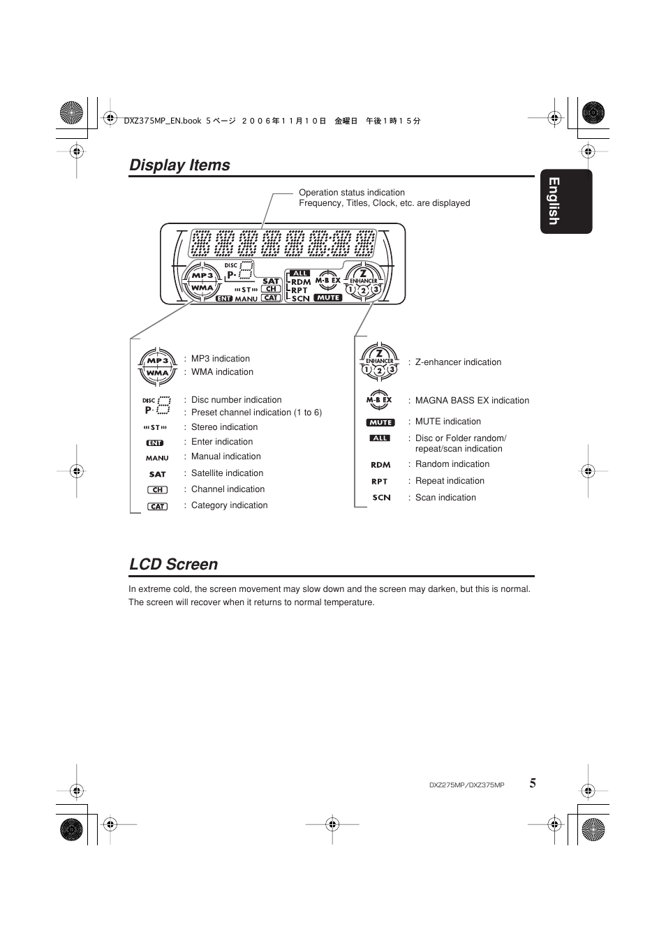 Display items, Lcd screen, Display items lcd screen | English 5 | Clarion DXZ275MP User Manual | Page 7 / 33