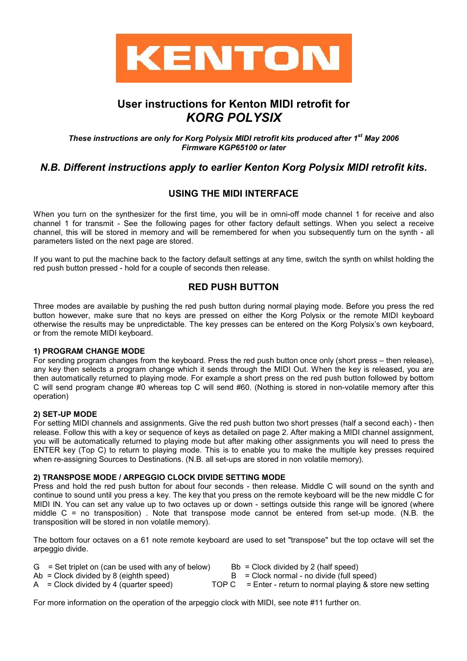 Kenton Korg Polysix User Manual | 4 pages