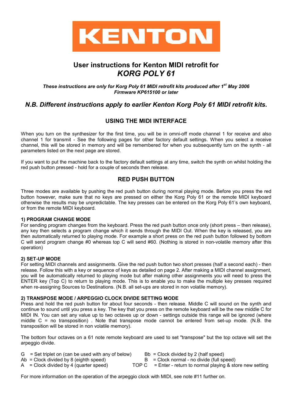 Kenton Korg Poly-61 User Manual | 4 pages