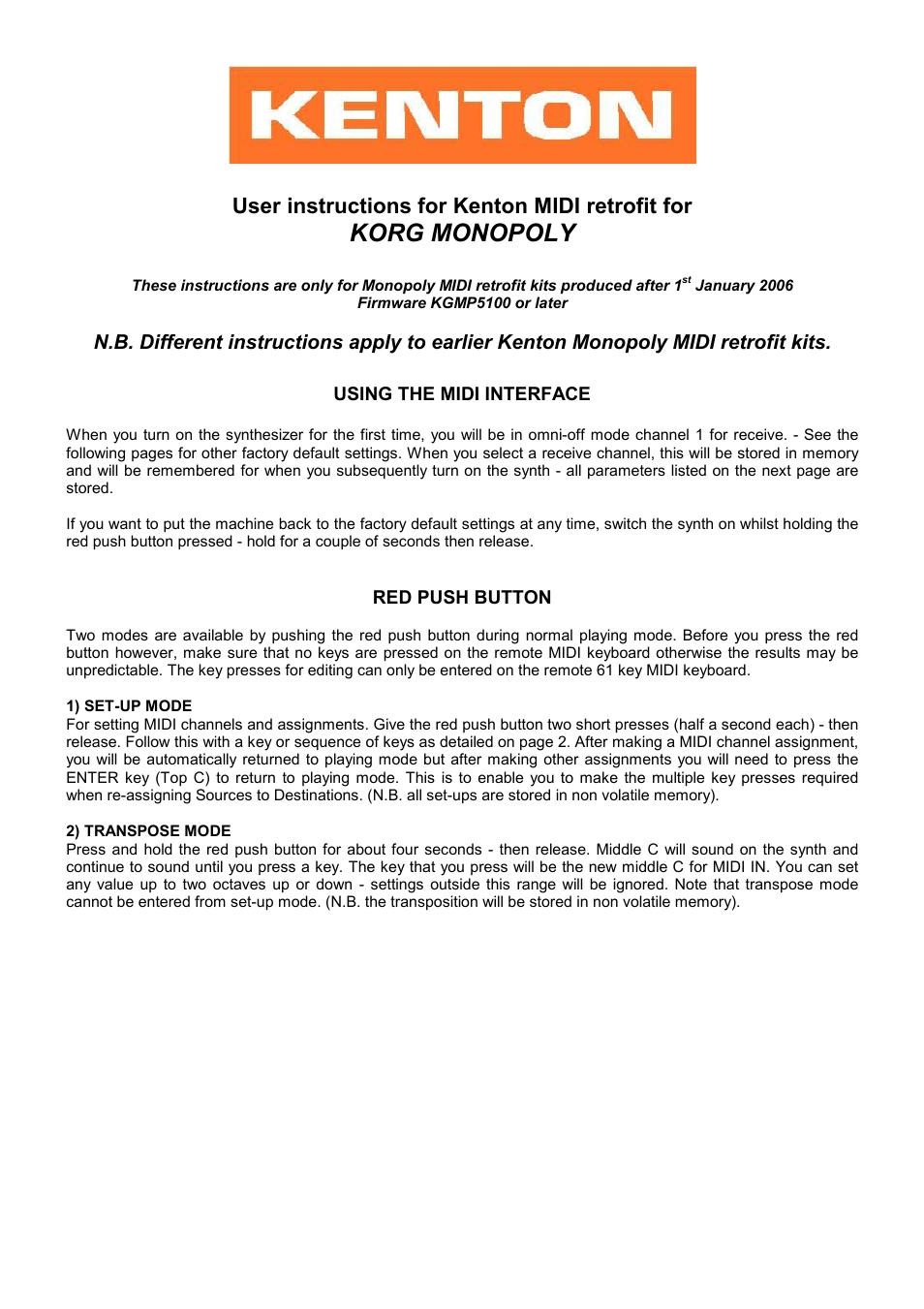 Kenton Korg Monopoly User Manual | 4 pages