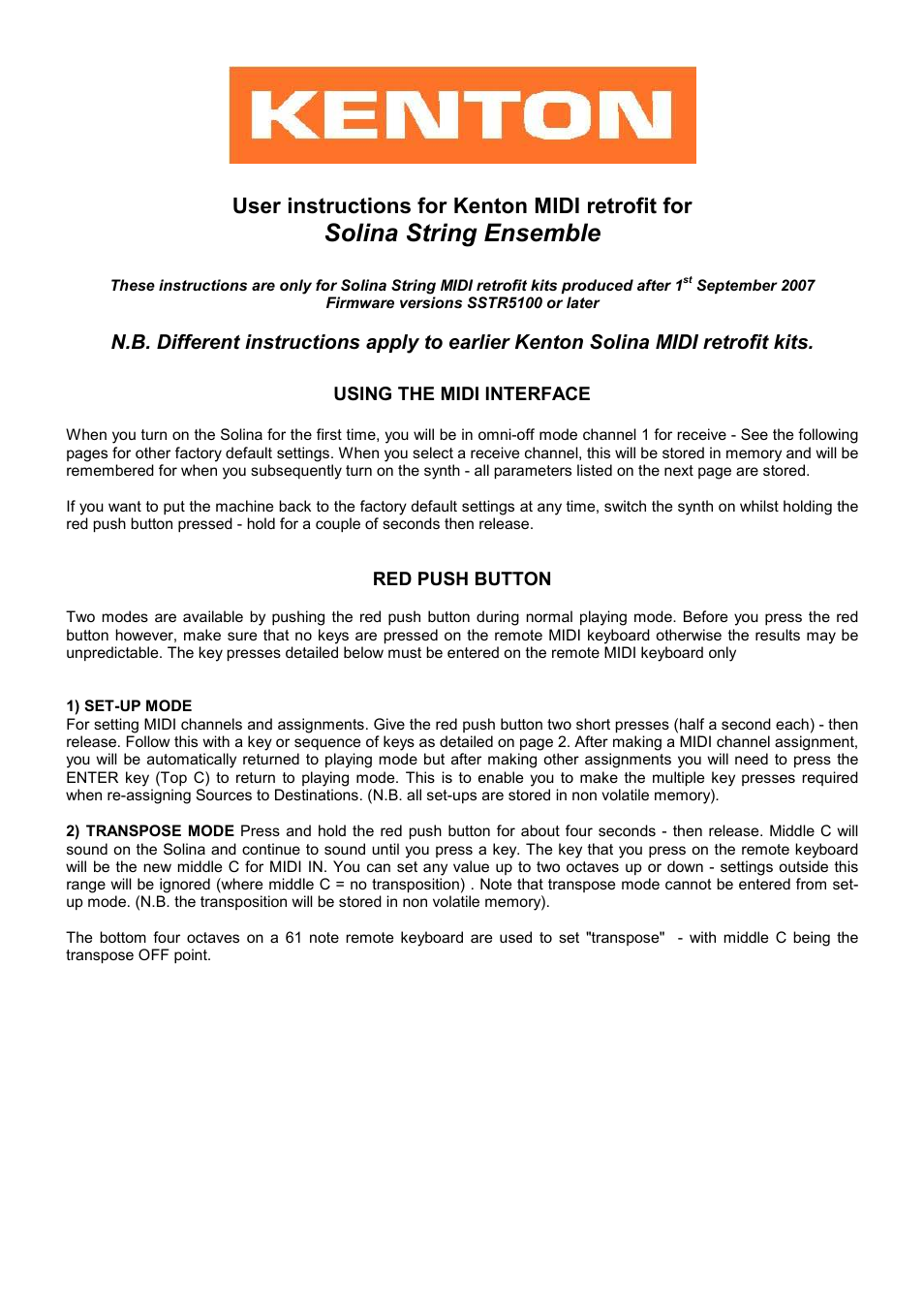 Kenton String Ensemble (after Sept 07) User Manual | 4 pages