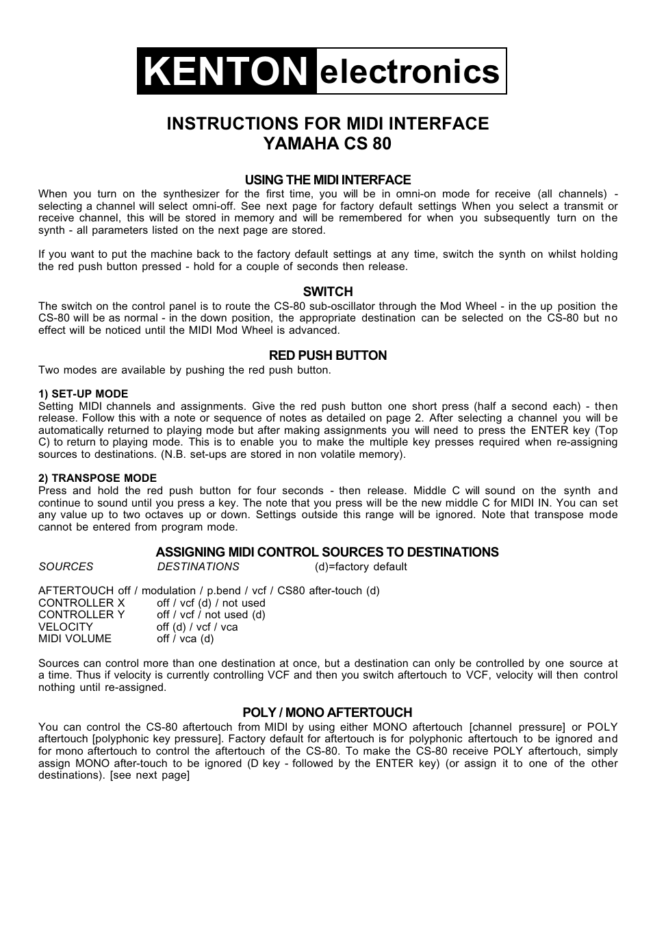 Kenton CS 80 Yamaha User Manual | 4 pages