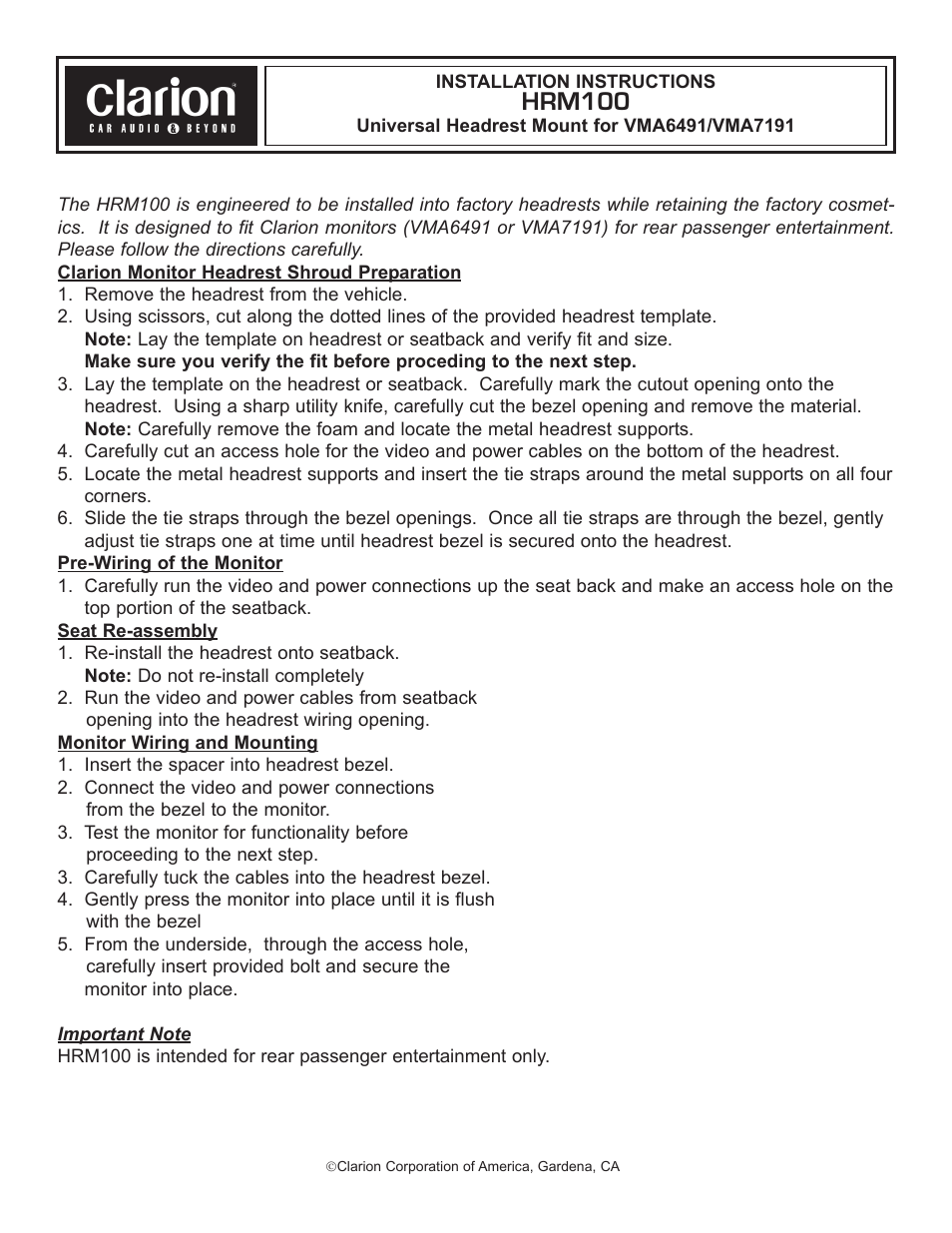 Clarion HRM100 User Manual | 1 page