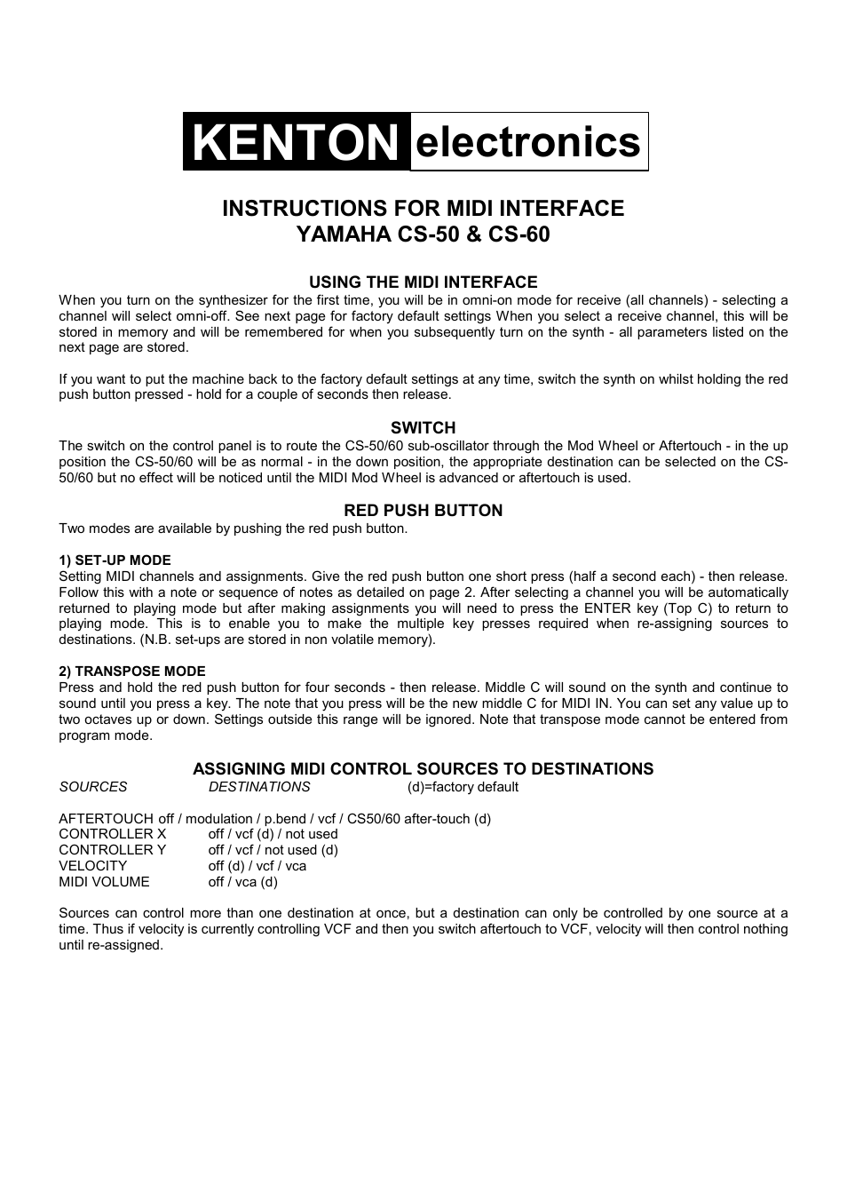Kenton CS-60 Yamaha User Manual | 4 pages