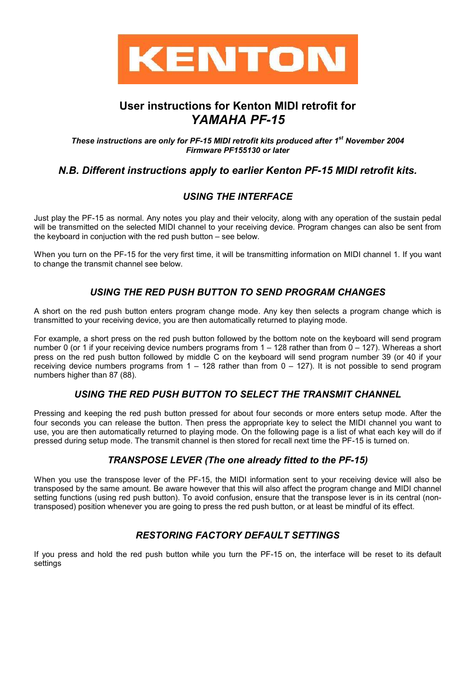 Kenton PF-15 (after Nov 04) User Manual | 3 pages
