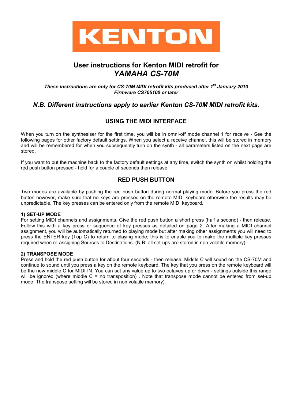 Kenton CS-70M Yamaha User Manual | 4 pages
