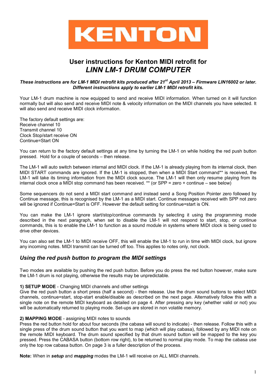Kenton Linn LM-1 User Manual | 5 pages