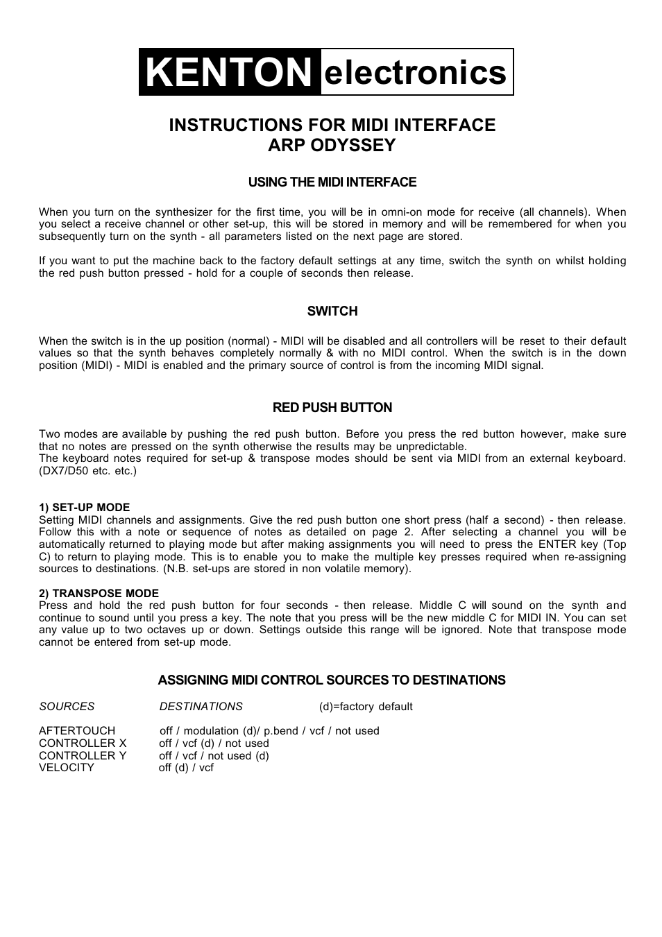 Kenton Odyssey ARP User Manual | 4 pages