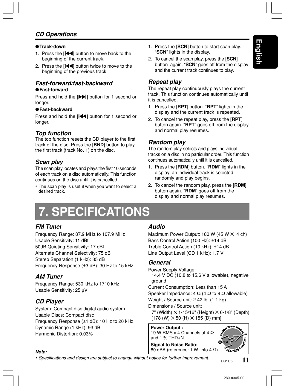 Specifications, 11 english, Fast-forward/fast-backward | Top function, Scan play, Cd operations, Repeat play, Random play, Fm tuner, Am tuner | Clarion DB165 User Manual | Page 10 / 12