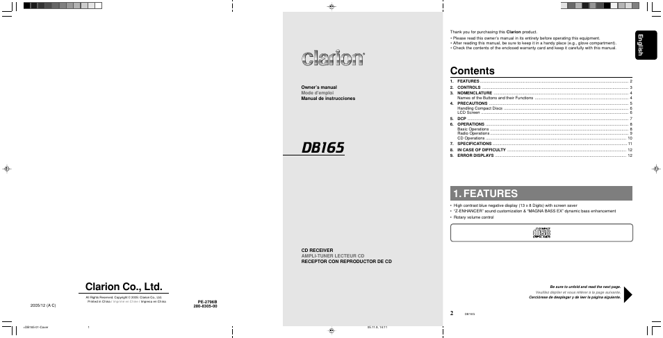 Clarion DB165 User Manual | Page 2 / 12