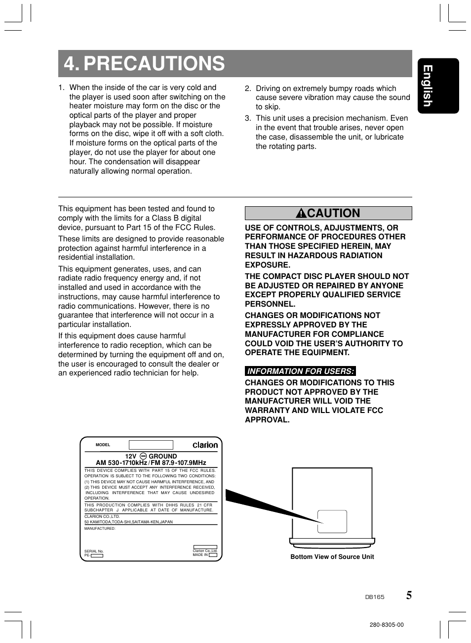 Precautions, 5english, Caution | Clarion DB165 User Manual | Page 4 / 12