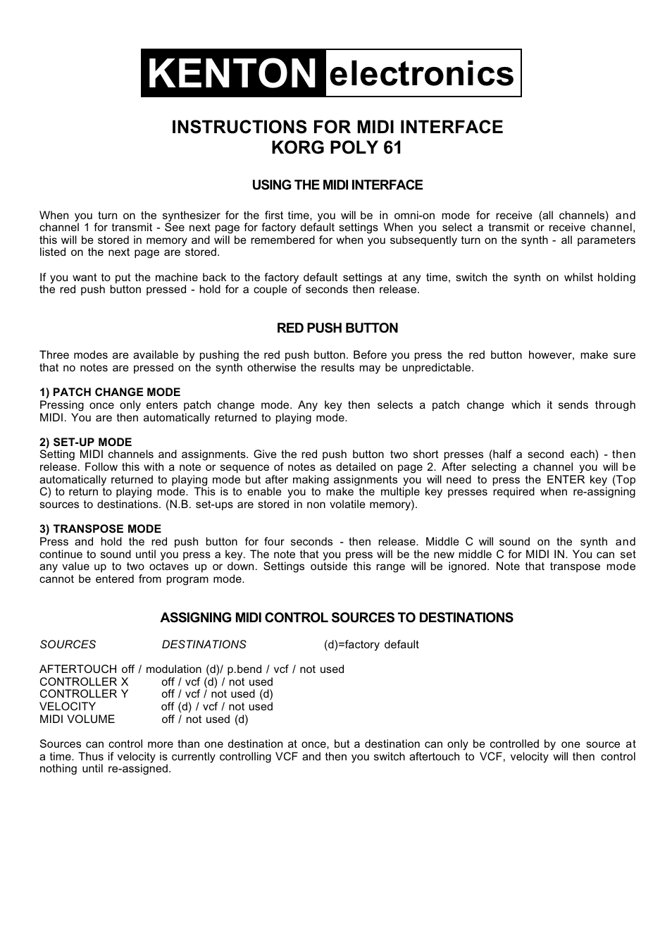 Kenton POLY 61 Korg User Manual | 4 pages