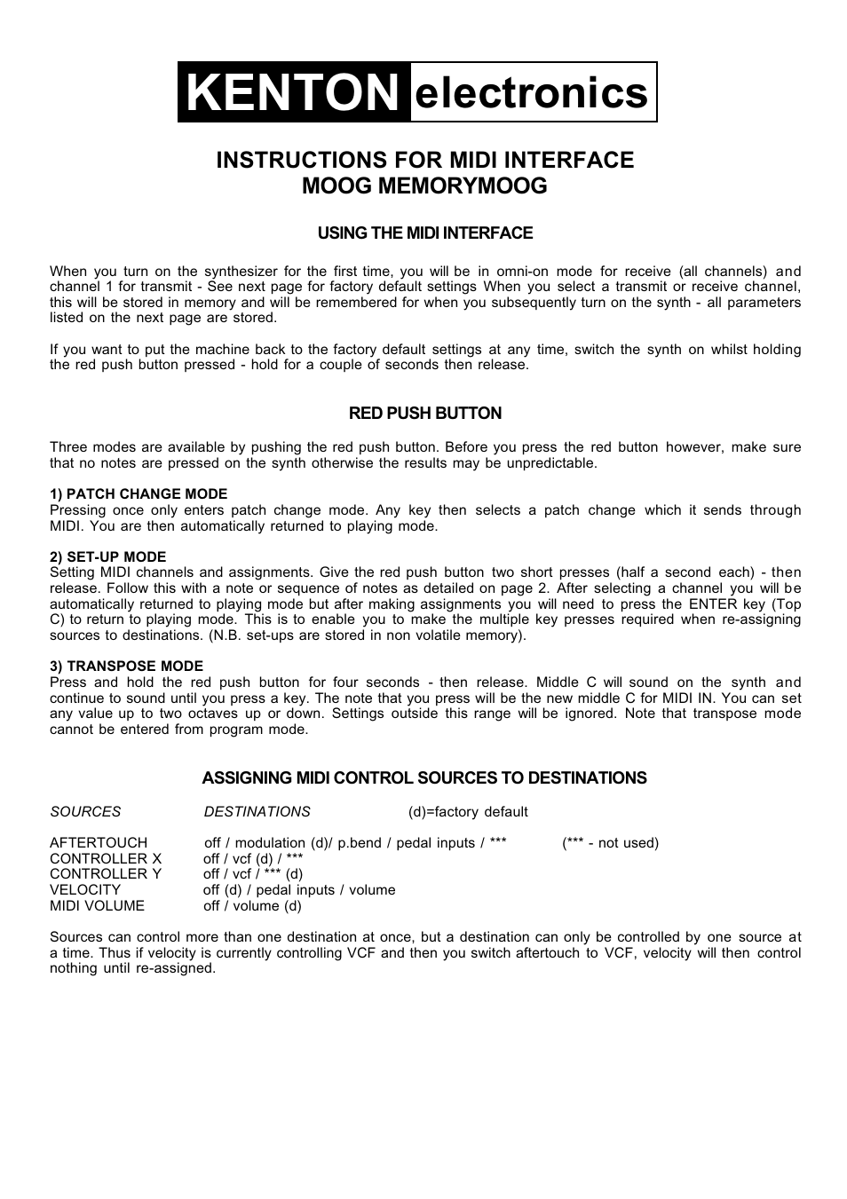 Kenton Memorymoog (before June 06) User Manual | 4 pages