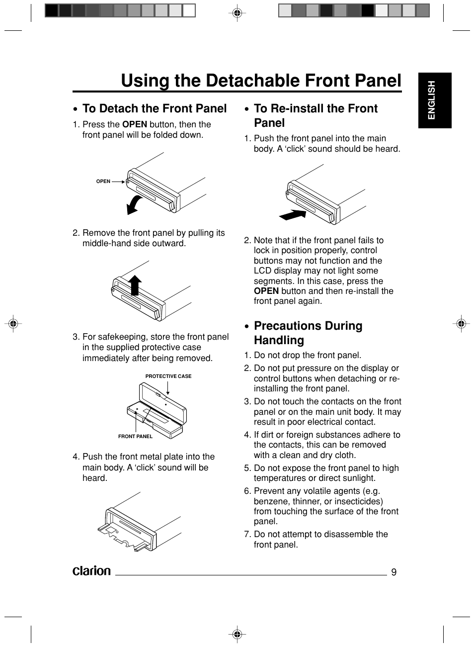 Using the detachable front panel, Precautions during handling | Clarion VS738 User Manual | Page 10 / 24