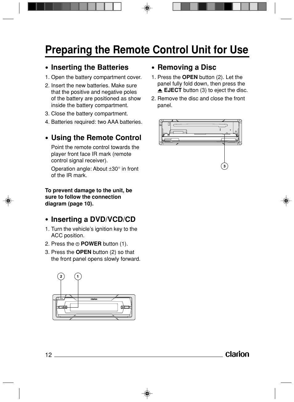 Preparing the remote control unit for use | Clarion VS738 User Manual | Page 13 / 24