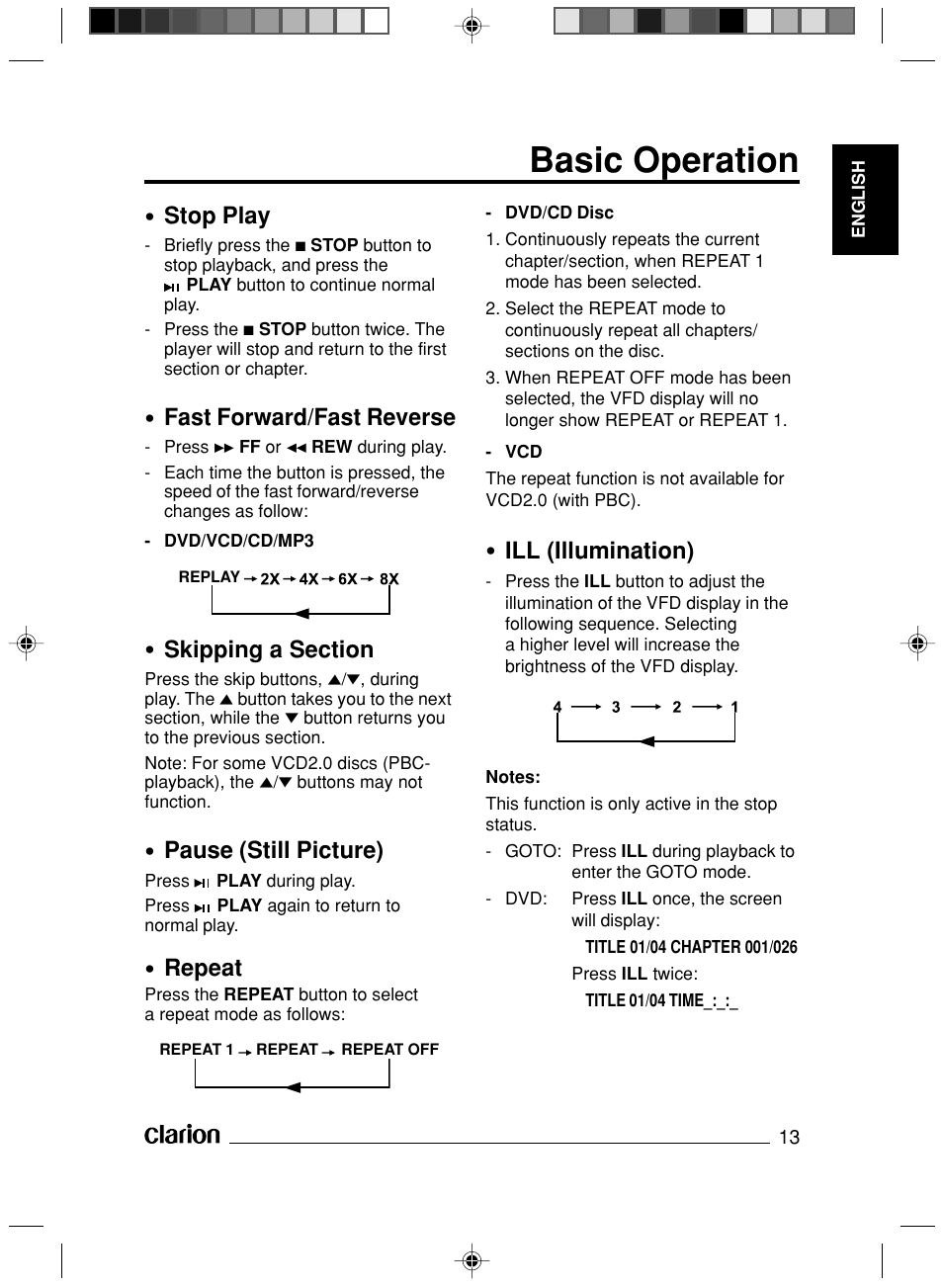 Basic operation, Stop play, Fast forward/fast reverse | Ill (illumination), Pause (still picture), Repeat | Clarion VS738 User Manual | Page 14 / 24