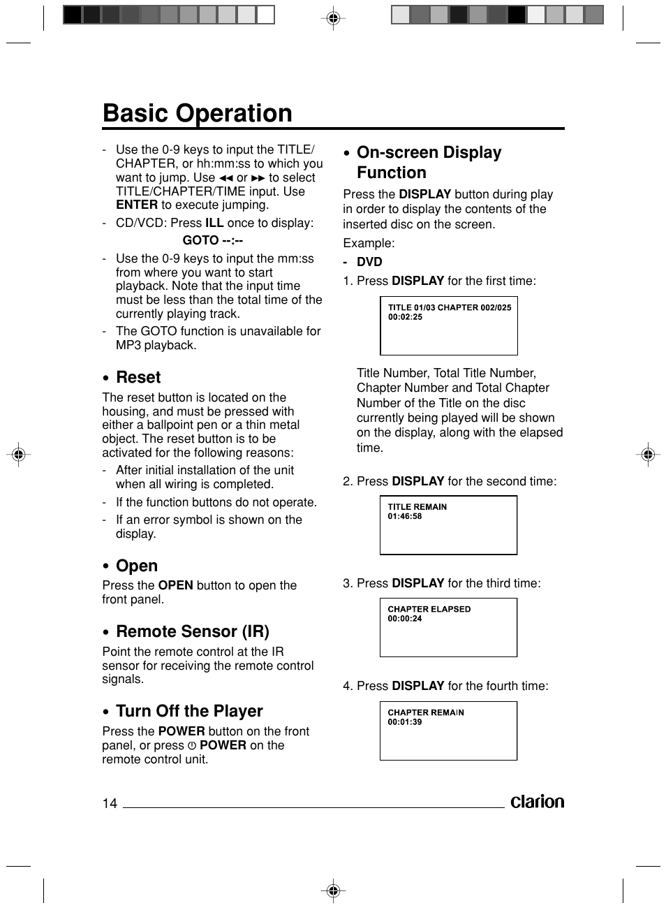 Basic operation, Reset, Open | Remote sensor (ir), Turn off the player, On-screen display function | Clarion VS738 User Manual | Page 15 / 24