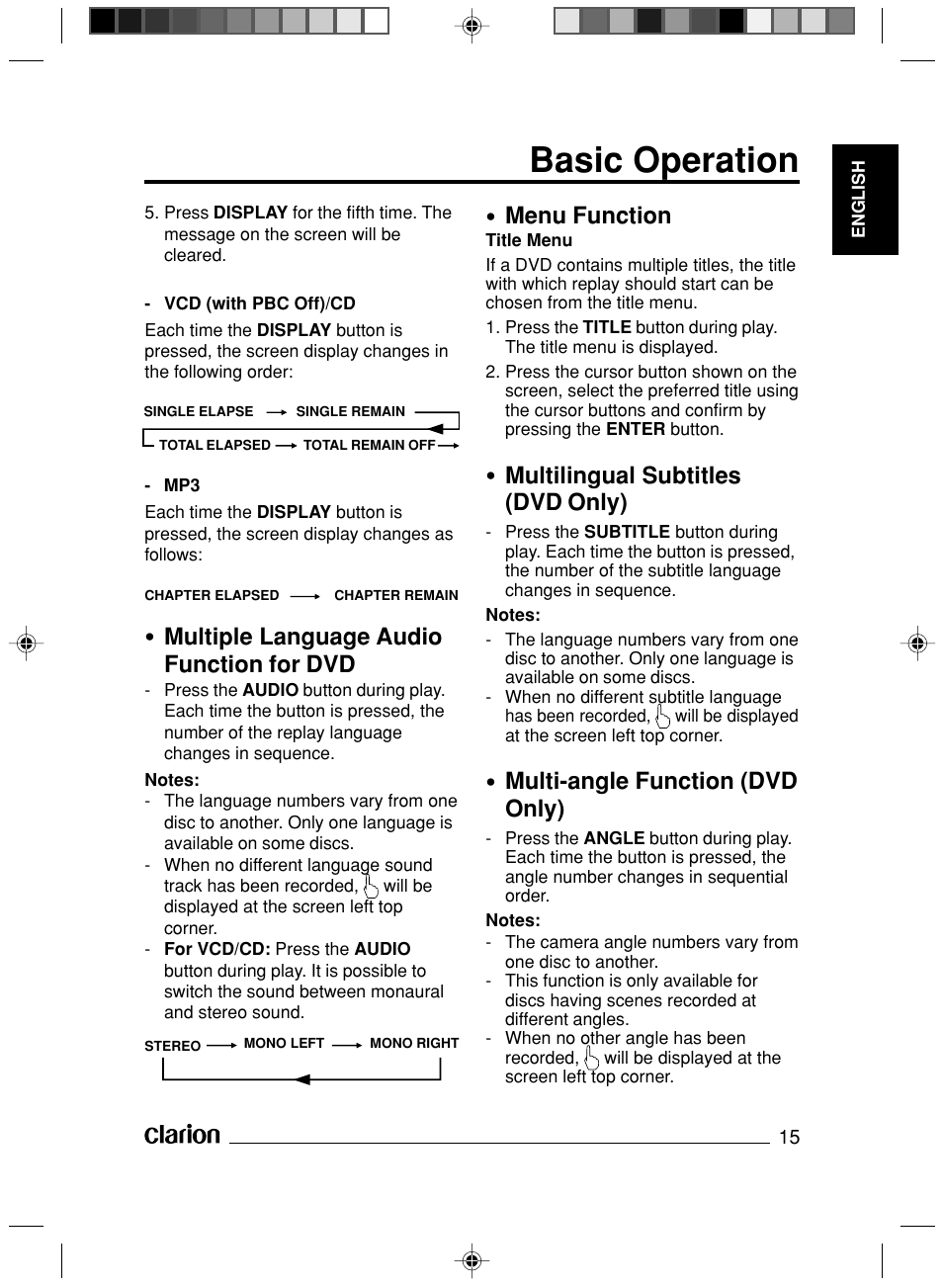 Basic operation, Multiple language audio function for dvd, Menu function | Multilingual subtitles (dvd only), Multi-angle function (dvd only) | Clarion VS738 User Manual | Page 16 / 24