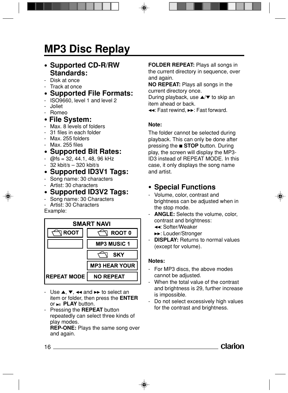 Mp3 disc replay, Supported cd-r/rw standards, Supported file formats | File system, Supported bit rates, Supported id3v1 tags, Supported id3v2 tags, Special functions | Clarion VS738 User Manual | Page 17 / 24
