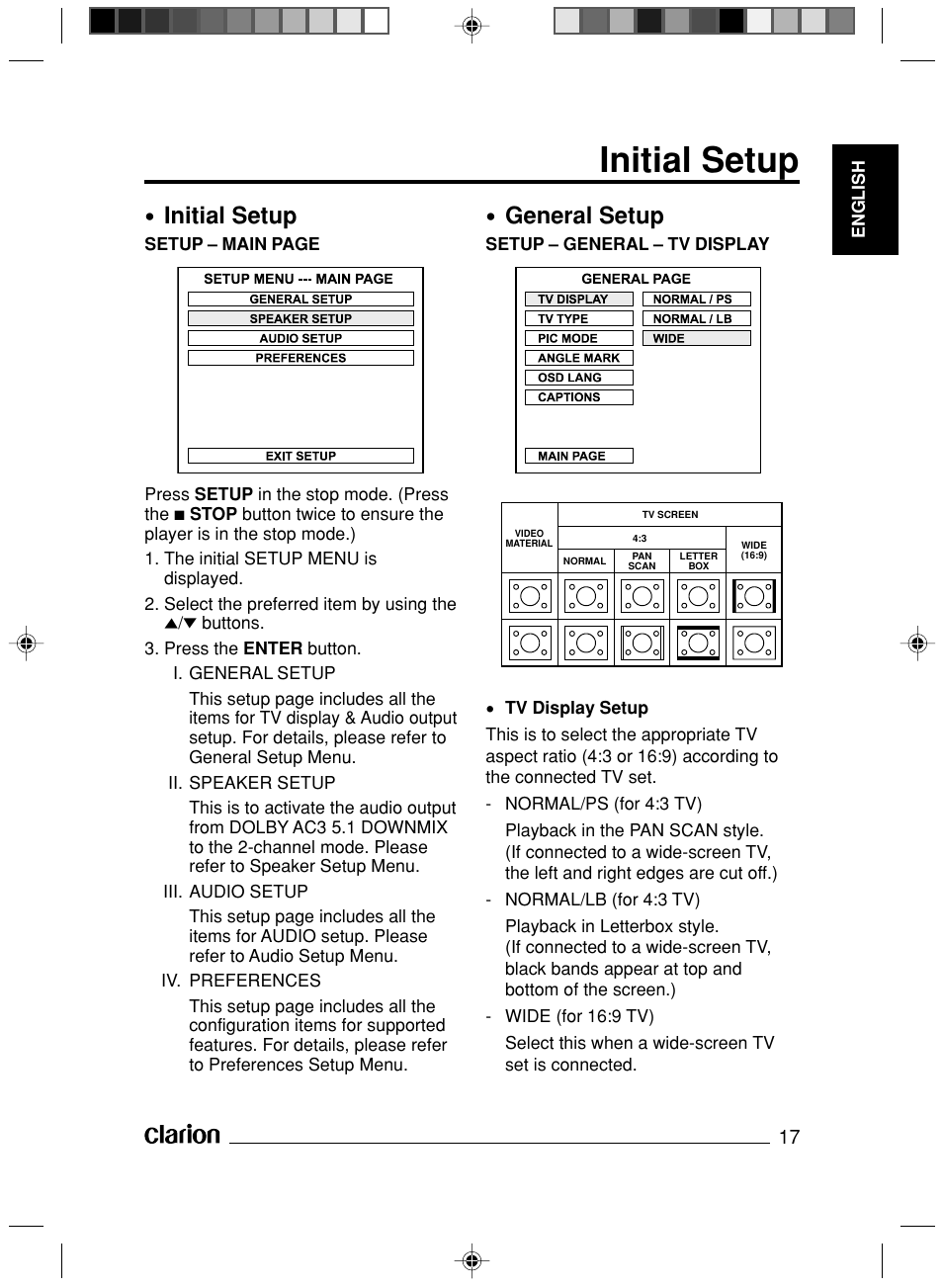 Initial setup, General setup | Clarion VS738 User Manual | Page 18 / 24
