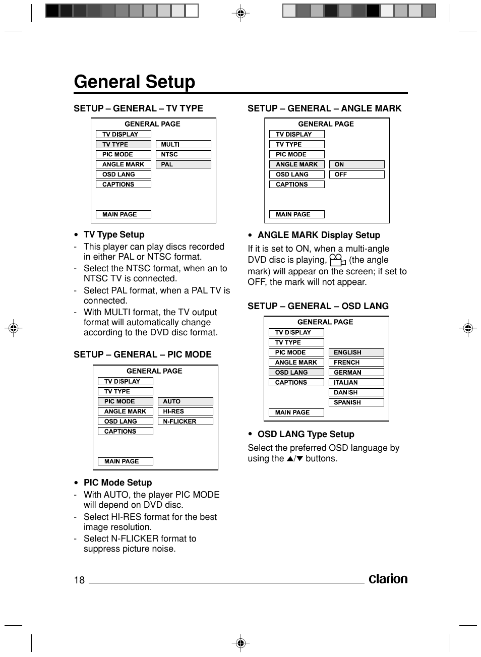 General setup | Clarion VS738 User Manual | Page 19 / 24