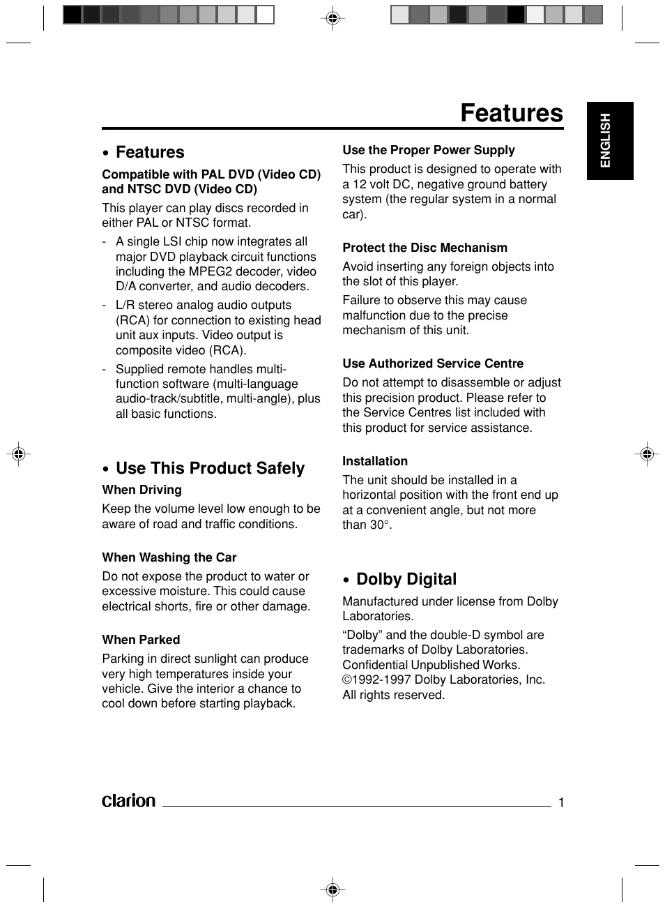 Features, Use this product safely, Dolby digital | Clarion VS738 User Manual | Page 2 / 24