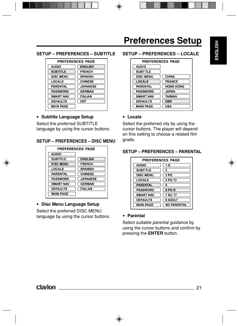 Preferences setup | Clarion VS738 User Manual | Page 22 / 24