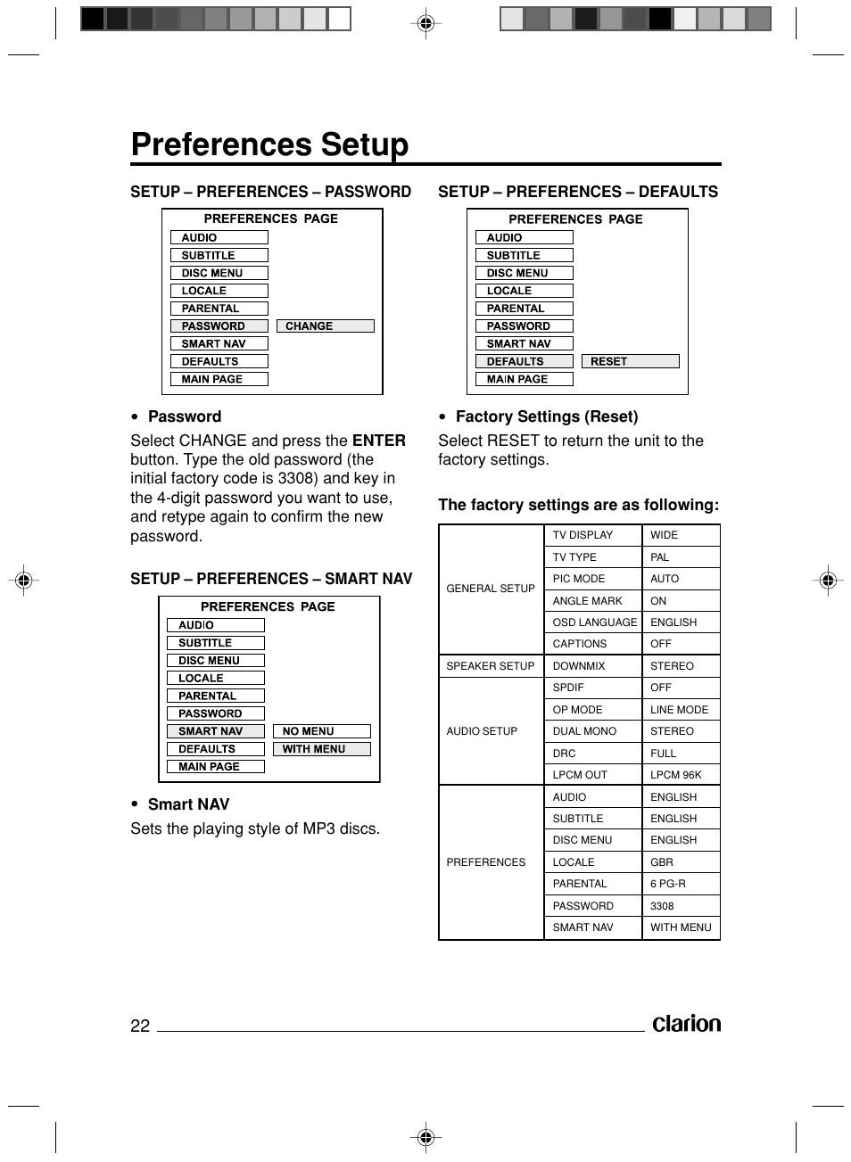 Preferences setup | Clarion VS738 User Manual | Page 23 / 24