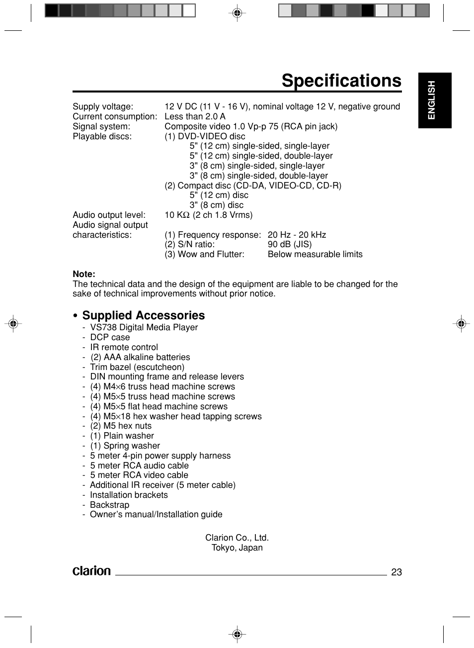 Specifications, Supplied accessories | Clarion VS738 User Manual | Page 24 / 24