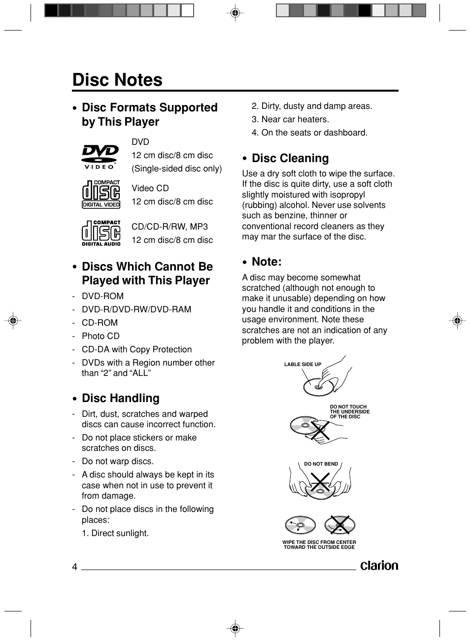 Disc formats supported by this player, Discs which cannot be played with this player, Disc handling | Disc cleaning | Clarion VS738 User Manual | Page 5 / 24