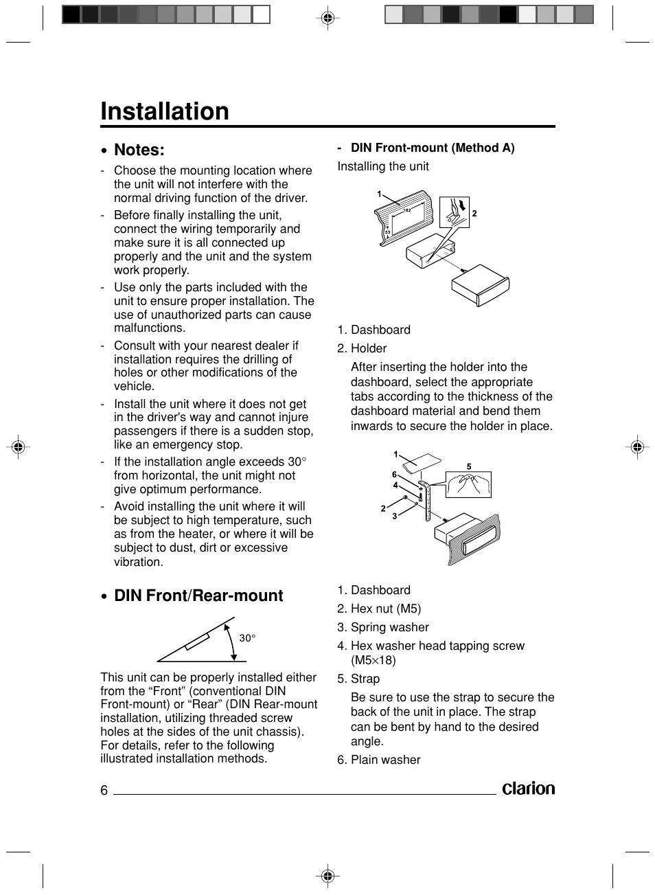 Installation, Din front/rear-mount | Clarion VS738 User Manual | Page 7 / 24
